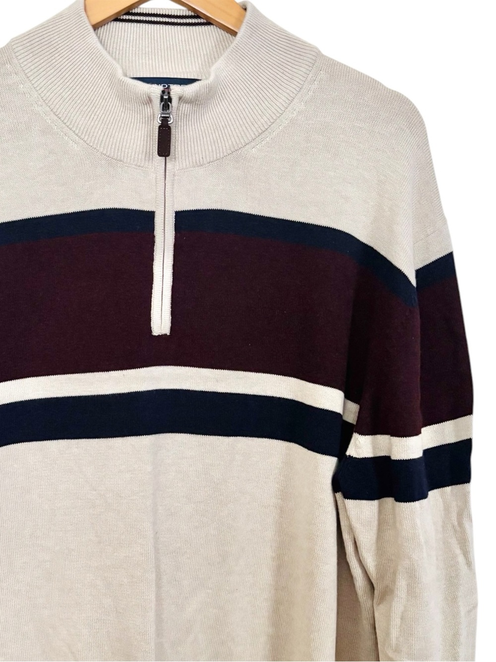 Roundtree & Yorke Cream Half-Zip Sweater with Navy and Burgundy Stripes